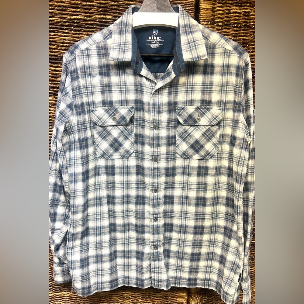 Kuhl- Dillingr‎ Men's Blue Plaid Shirt, White/Blue, Large